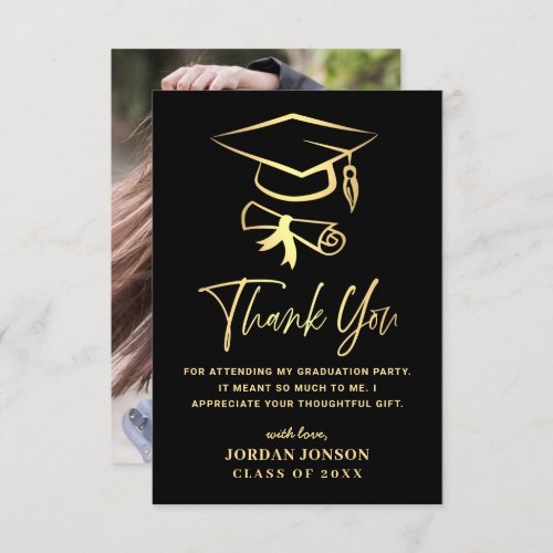 Gold Black Modern Graduation PHOTO Thank You Card