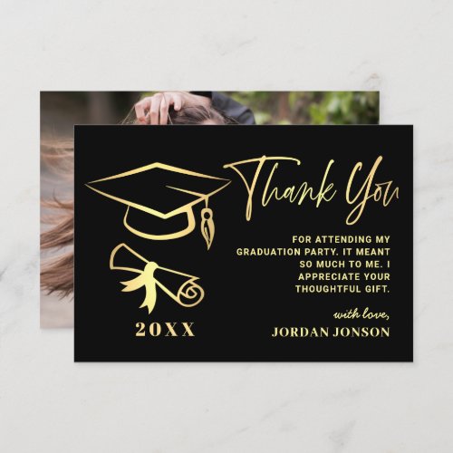 Gold Black Modern Graduation PHOTO Thank You Card