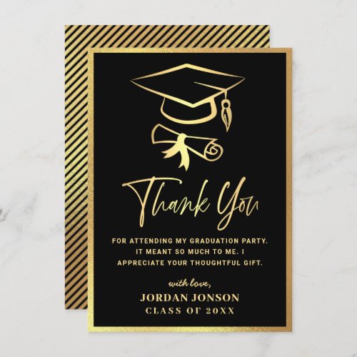 Gold Black Modern Graduation Thank You Card - Gold Black Modern Graduation Thank You Card.
For further customization, please click the "Customize" link and use our  tool to design this template. 
If you need help or matching items, please contact me.