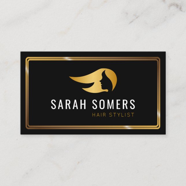 Gold & Black Modern Hair Stylist Business Card (Front)