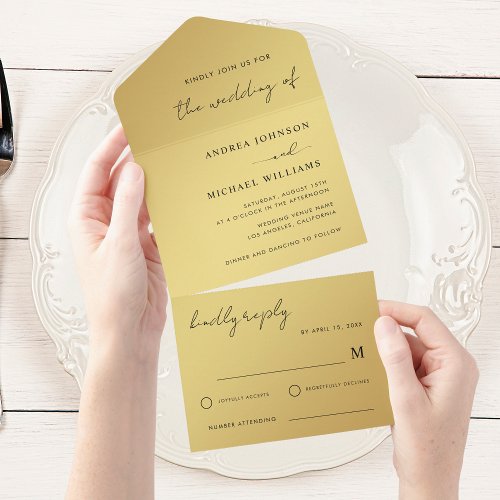 Gold  Black Modern Handwritten Script Wedding All In One Invitation