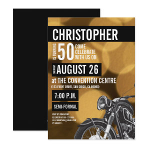 Gold black Modern Motorcycle theme 50th birthday Invitation