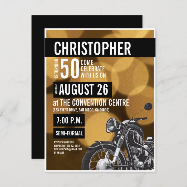 Gold black Modern Motorcycle theme 50th birthday Invitation (Front/Back)