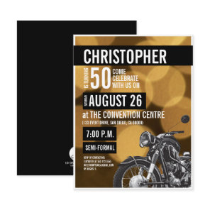 Gold black Modern Motorcycle theme 50th birthday Invitation