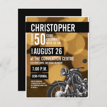 Gold black Modern Motorcycle theme 50th birthday Invitation
