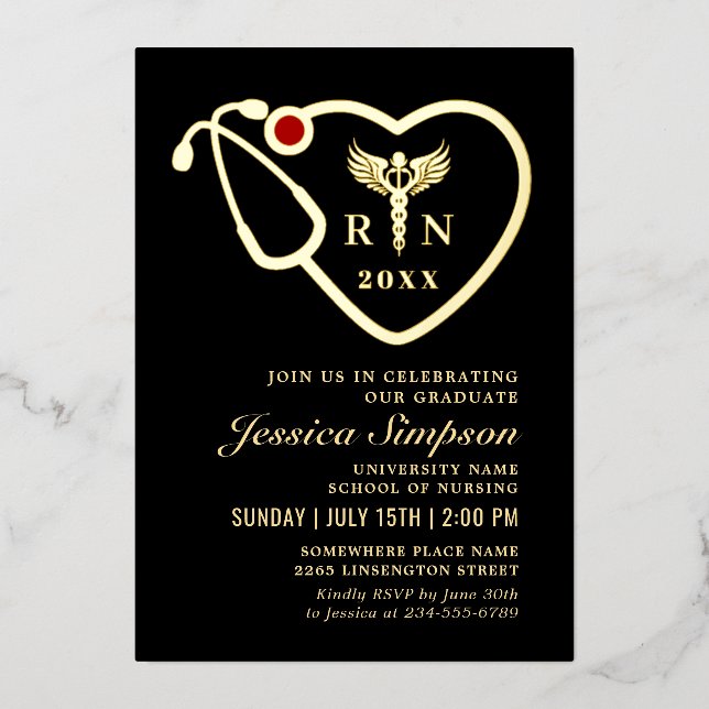 Gold Black Modern Nursing School Graduation Party  Foil Invitation (Front)