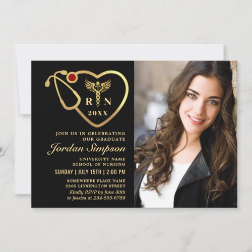 Gold Black Modern Nursing School Graduation Party Invitation