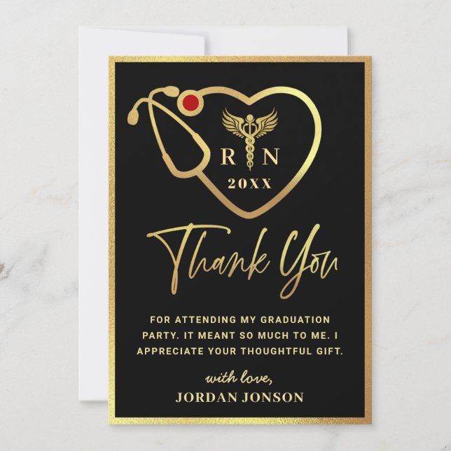 Gold Black Modern Nursing School Graduation Thank  You Card (Front)