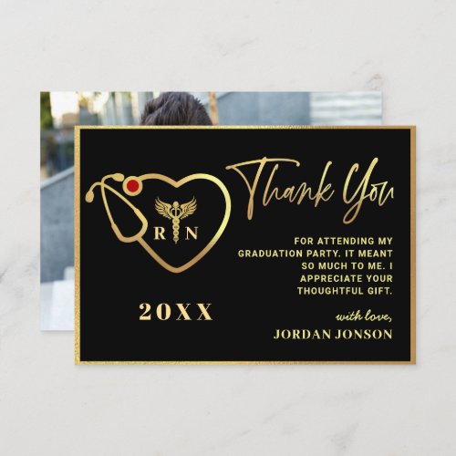 Gold Black Modern Nursing School Graduation Thank You Card