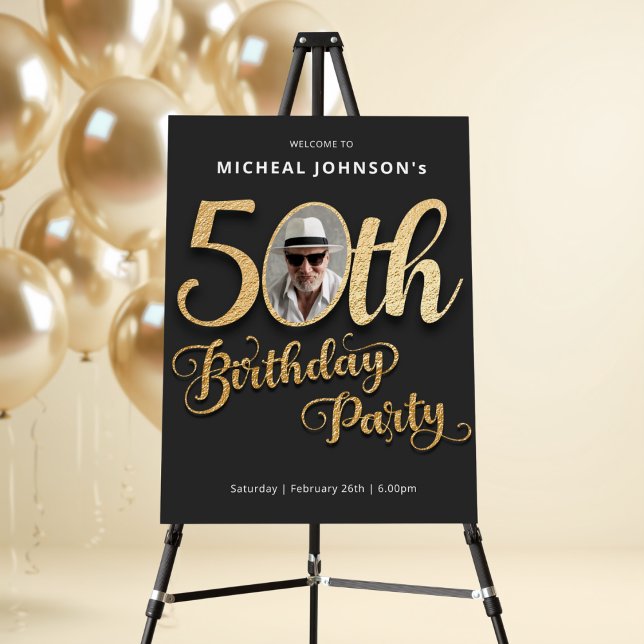 Gold Black Modern Photo 50th Birthday Welcome Foam Board (Gold Black Modern Photo 50th Birthday Welcome Foam Board)