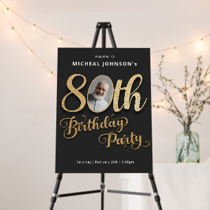 Gold Black Modern Photo 80th Birthday Welcome Foam Board