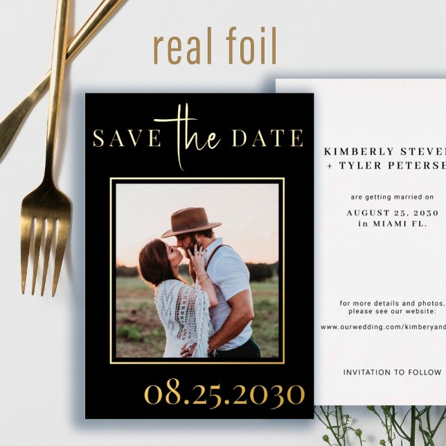 Gold black modern photo wedding save the date  foil invitation (Creator Uploaded)