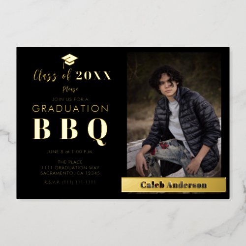 Gold  Black Modern Real Foil Graduation Party BBQ Foil Invitation