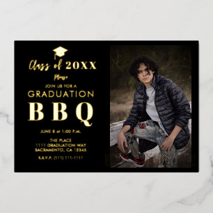Gold & Black Modern Real Foil Graduation Party BBQ Invitation