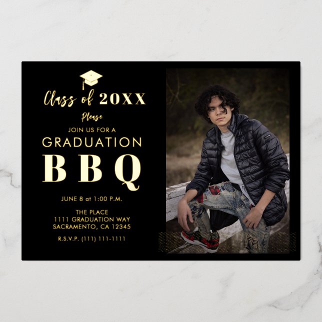 Gold & Black Modern Real Foil Graduation Party BBQ Invitation (Front)