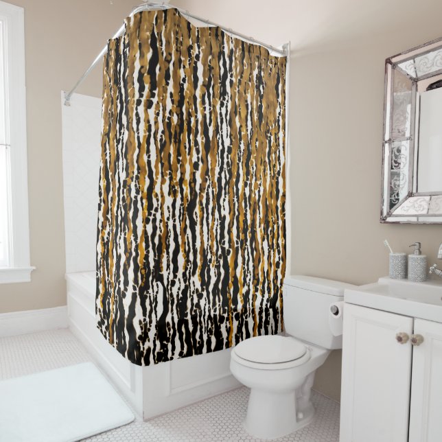 Gold & Black Modern Safari Rain Jungle Glam Shower Curtain (In Situ)