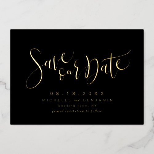 Gold Black Modern Script Simple Save The Date Foil Invitation