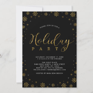 Gold & Black Modern Snowflakes Holiday Party Invitation