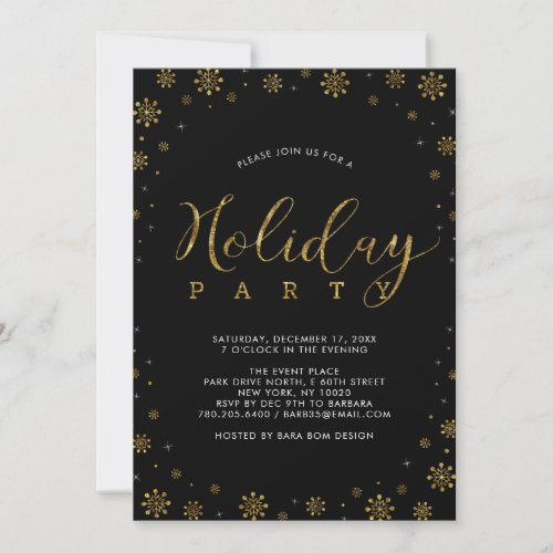 Gold  Black  Modern Snowflakes Holiday Party Invitation