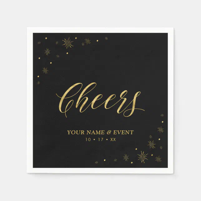 Gold & Black | Modern Sparkle Cheers Custom Party Napkins | Zazzle