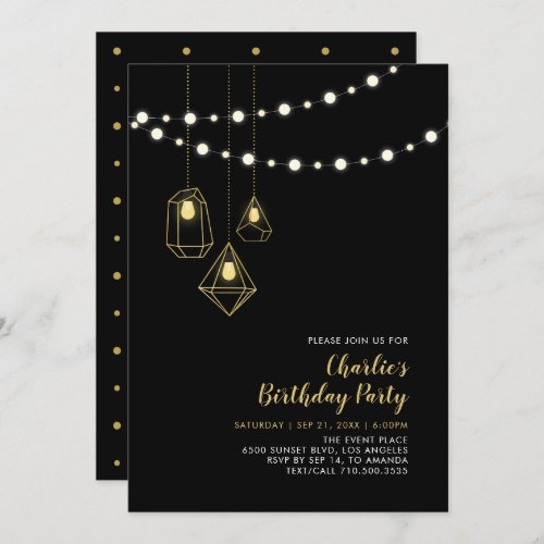 Gold  Black  Modern String Lights Birthday Party Invitation