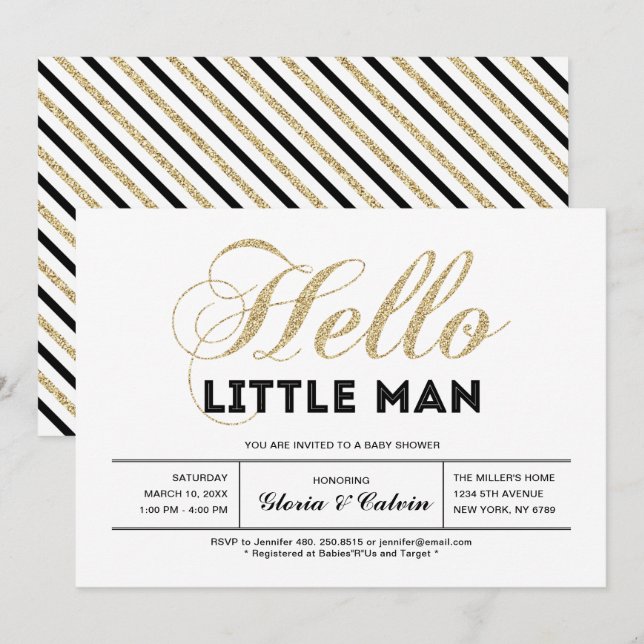 Gold, Black | Modern Typography Boy Baby Shower Invitation (Front/Back)