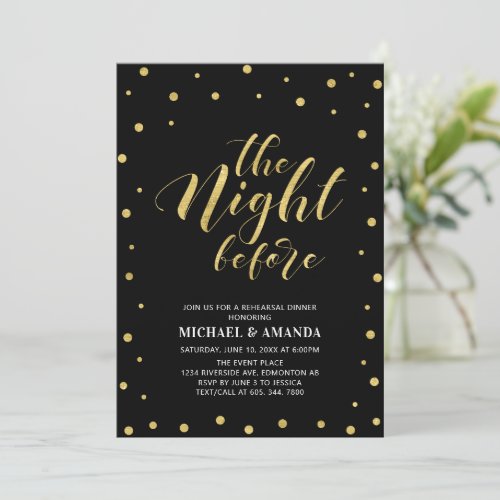 Gold  Black  Modern Typography Rehearsal Dinner  Invitation