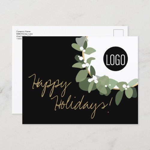 Gold black Modern Wreath Your Business Logo  Holiday Postcard