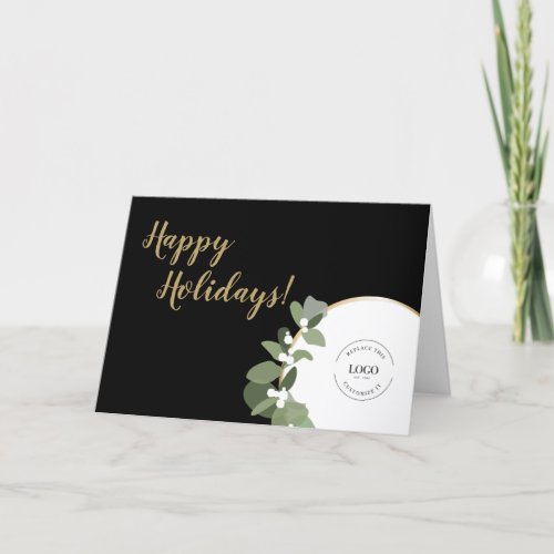 Gold black Modern Wreath Your Logo Business Happy Holiday Card