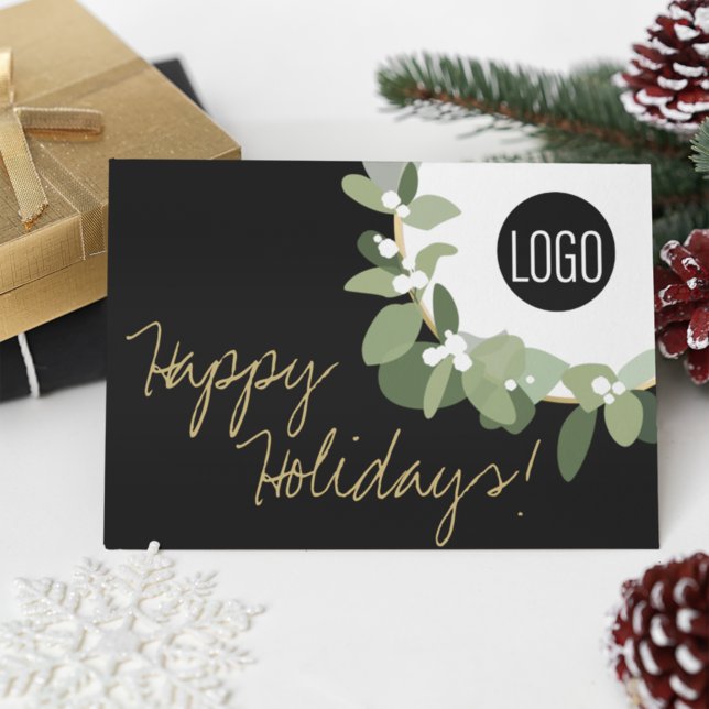 Gold black Modern Wreath Your Logo Company Holiday Card (Creator Uploaded)