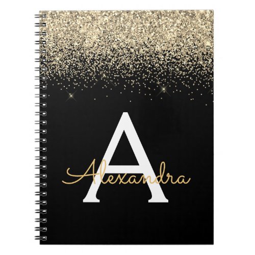 Gold Black Monogram Black Glitter Modern Notebook