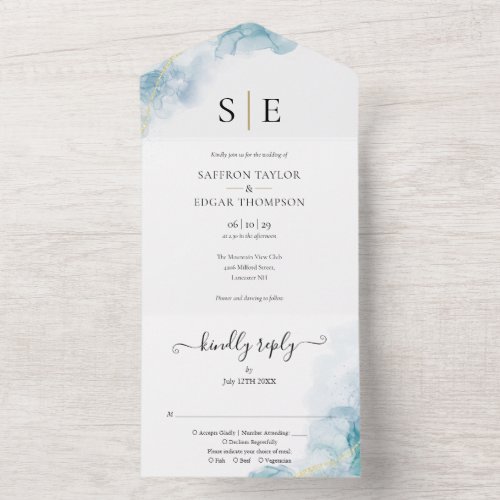 Gold Black Monogram Blue Watercolor Wedding All In One Invitation