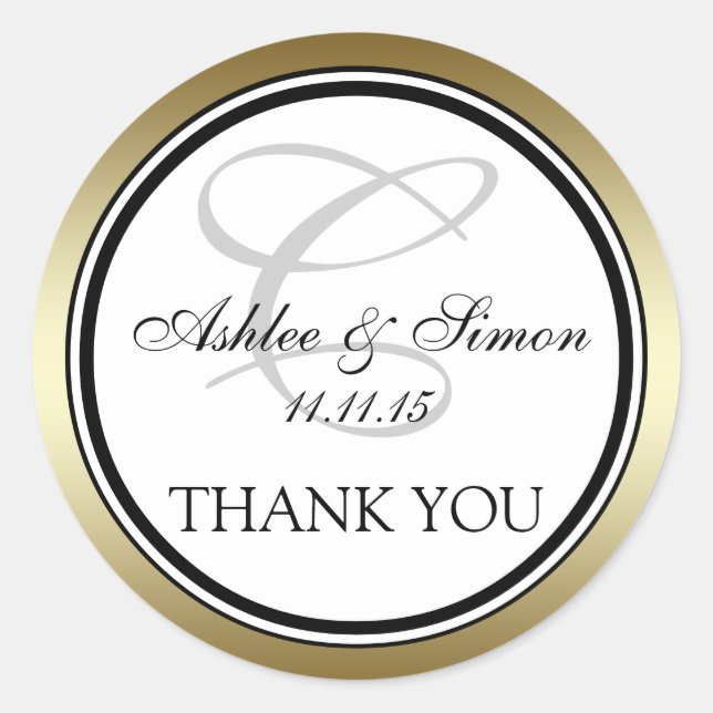 Gold Black Monogram C Wedding Thank You Classic Round Sticker (Front)