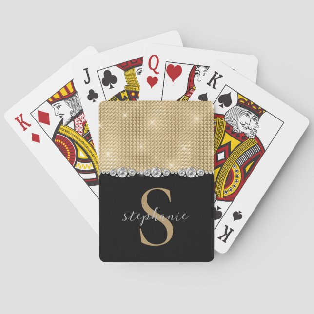 Gold Black Monogram Diamonds Elegant Luxury Custom Poker Cards (Back)