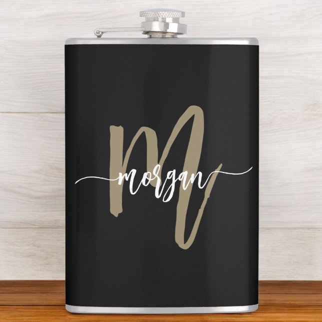 Gold Black Monogram Elegant Modern Flask (Creator Uploaded)