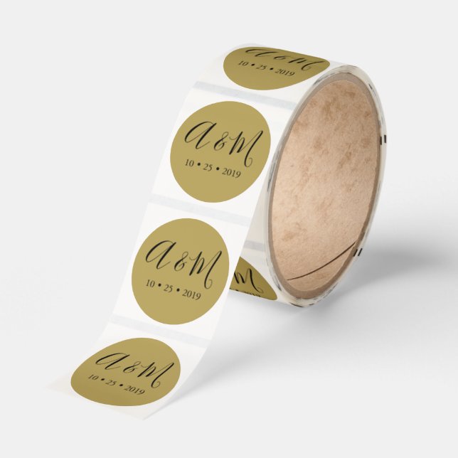 Gold Black Monogram Elegant Wedding Classic Round Sticker (Roll)