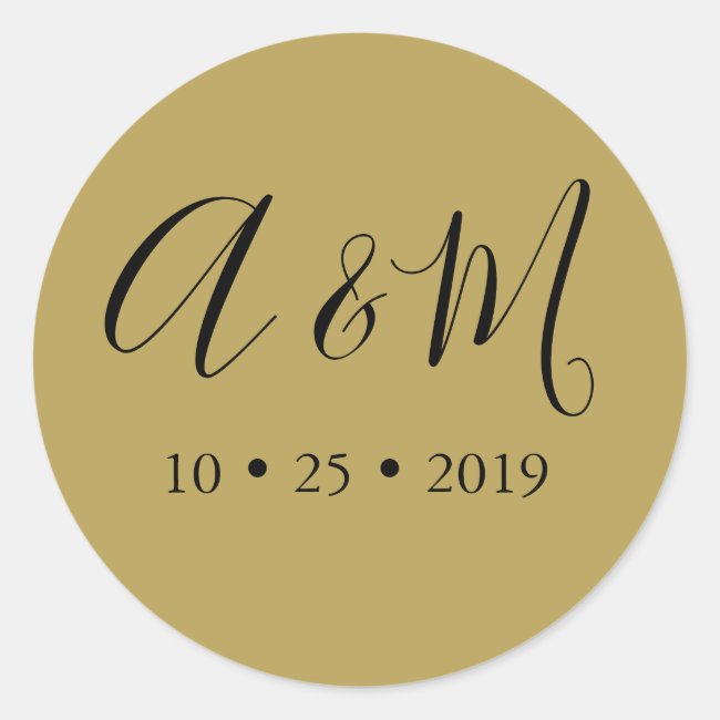 gold black monogram elegant wedding classic round sticker