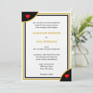Gold Black Monogram Geometric Wedding Red Hearts Invitation