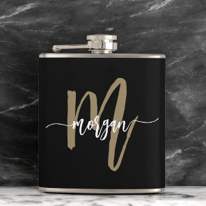 Gold Black Monogram Girl's Bachelorette Party Flask