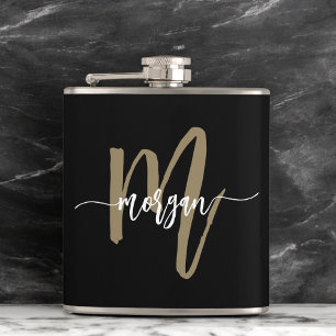 Gold Black Monogram Girl's Bachelorette Party Flask