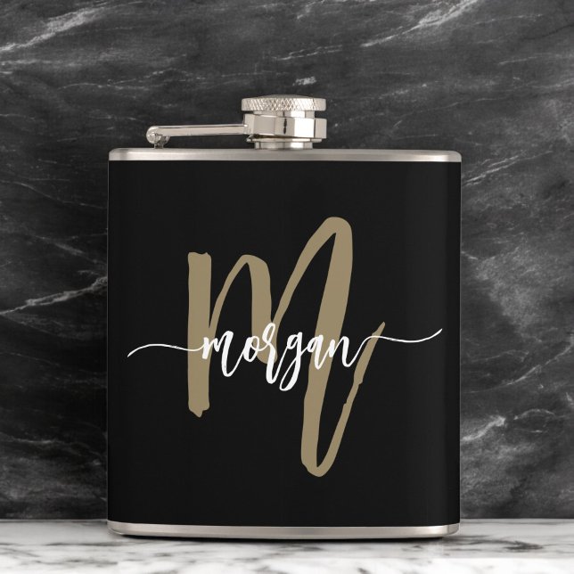 Gold Black Monogram Girl's Bachelorette Party Flask (Creator Uploaded)