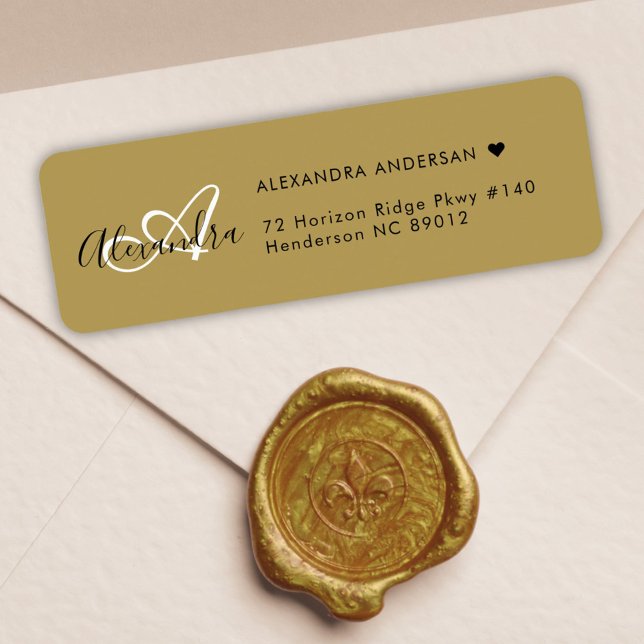Gold Black Monogram Initial Return Address Label (Chic Gold Black Elegant Monogram Return Address Label)