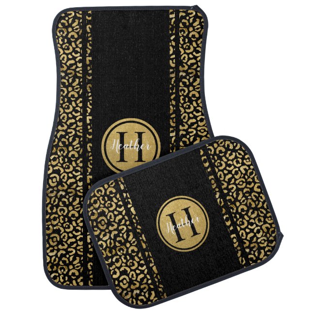 Gold Black Monogram Leopard Print Car Floor Mat (Set)
