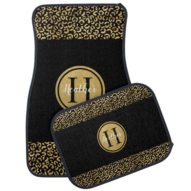 Gold Black Monogram Leopard Print Stylish  Car Floor Mat (Set)
