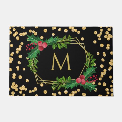 Gold Black Monogram Merry Christmas Holly Glitter Doormat