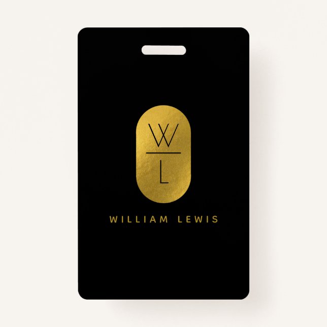 Gold & Black Monogram Modern Minimalist  Badge (Front)