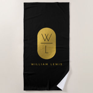 Gold & Black Monogram Modern Minimalist Beach Towel