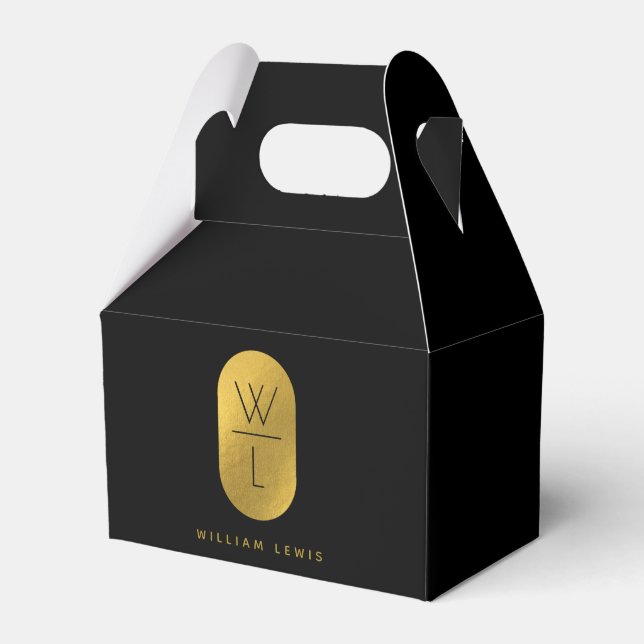 Gold & Black Monogram Modern Minimalist Favor Boxes (Front Side)