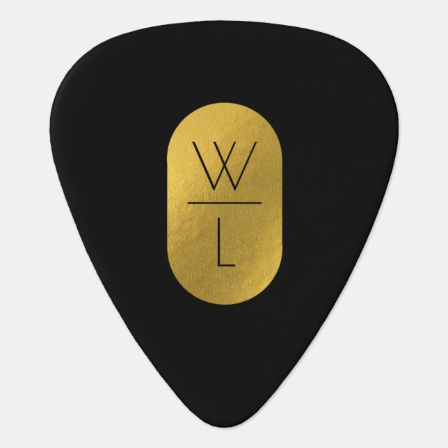 Gold & Black Monogram Modern Minimalist Guitar Pick (Front)