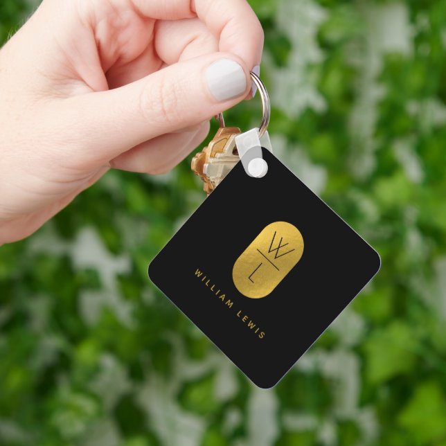 Gold & Black Monogram Modern Minimalist  Keychain (Hand)